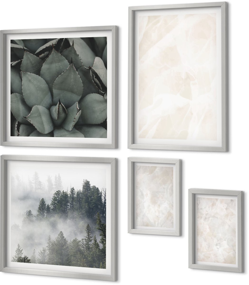 Coloray 5-Delige Schilderij Set - Bladeren En Golven In Beige En Blauwe Tinten. - 20 x 30 cm - Decoratieve Schilderijen - Woonkamer - Interieur - Interieur Decoratie