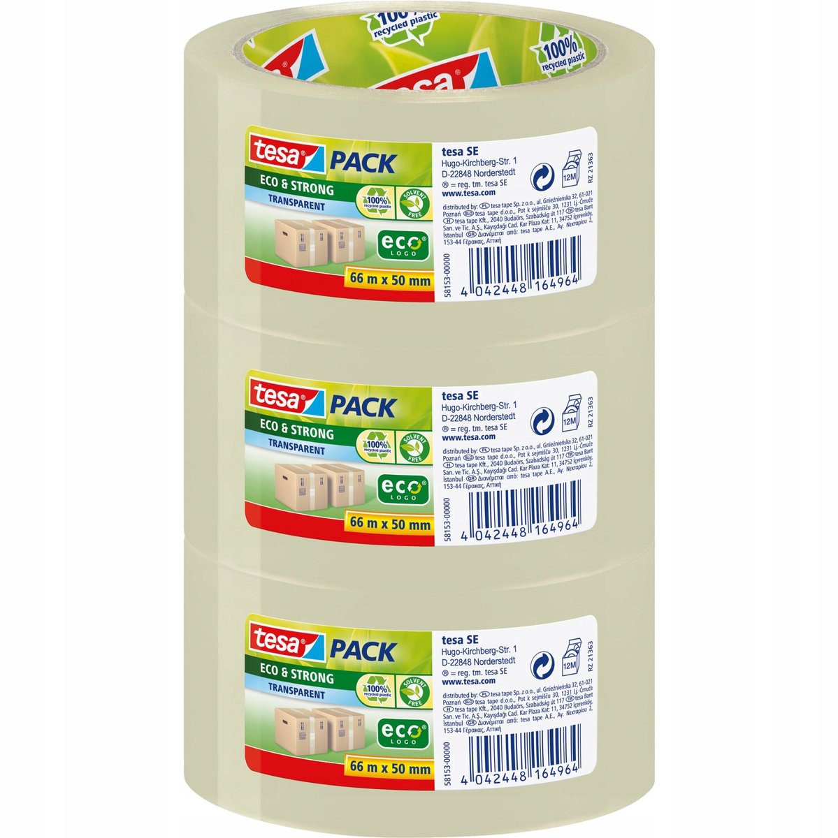 3x Tesa Eco&Strong Verpakkingstape - 66m x 50mm - Transparant