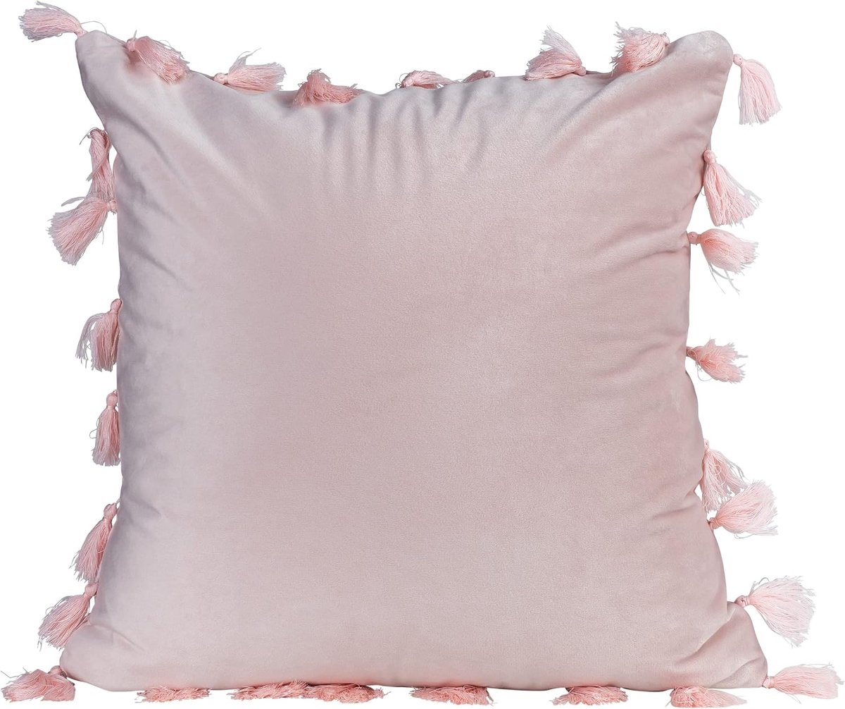 Sierkussen 45 x 45 cm - Velvet - Lichtroze met franjes - Comfortabel voor op de bank - ShopVlot