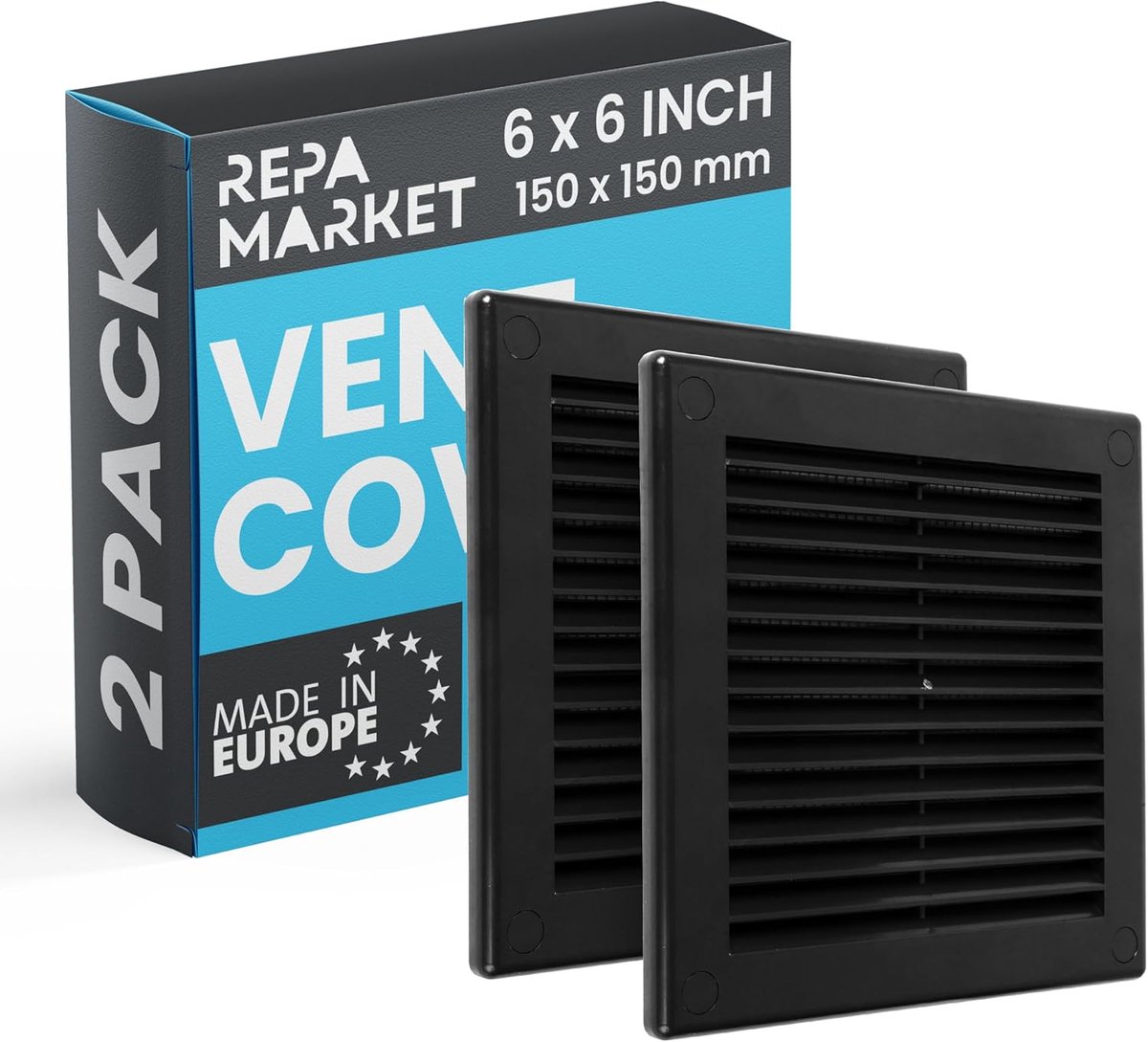 Repa Market 150 x 150mm (outer) Black Square Wall Vents - Pack of 2 Plastic Inlet Vents - ShopVlot
