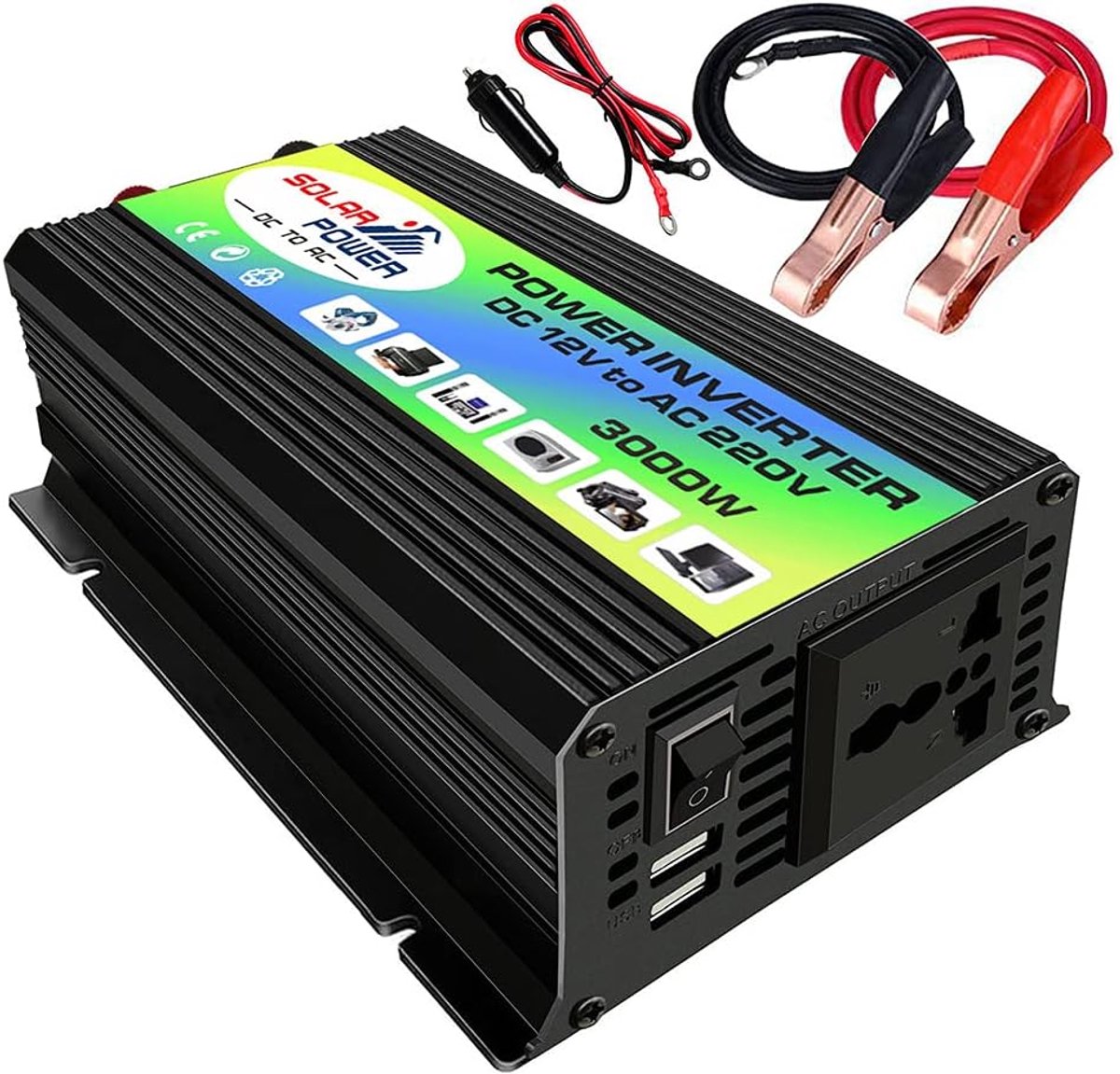 Voltageconverter 12V naar 220V - 3000W vermogen - met 2 USB-poorten - ideaal voor opladen onderweg - ShopVlot