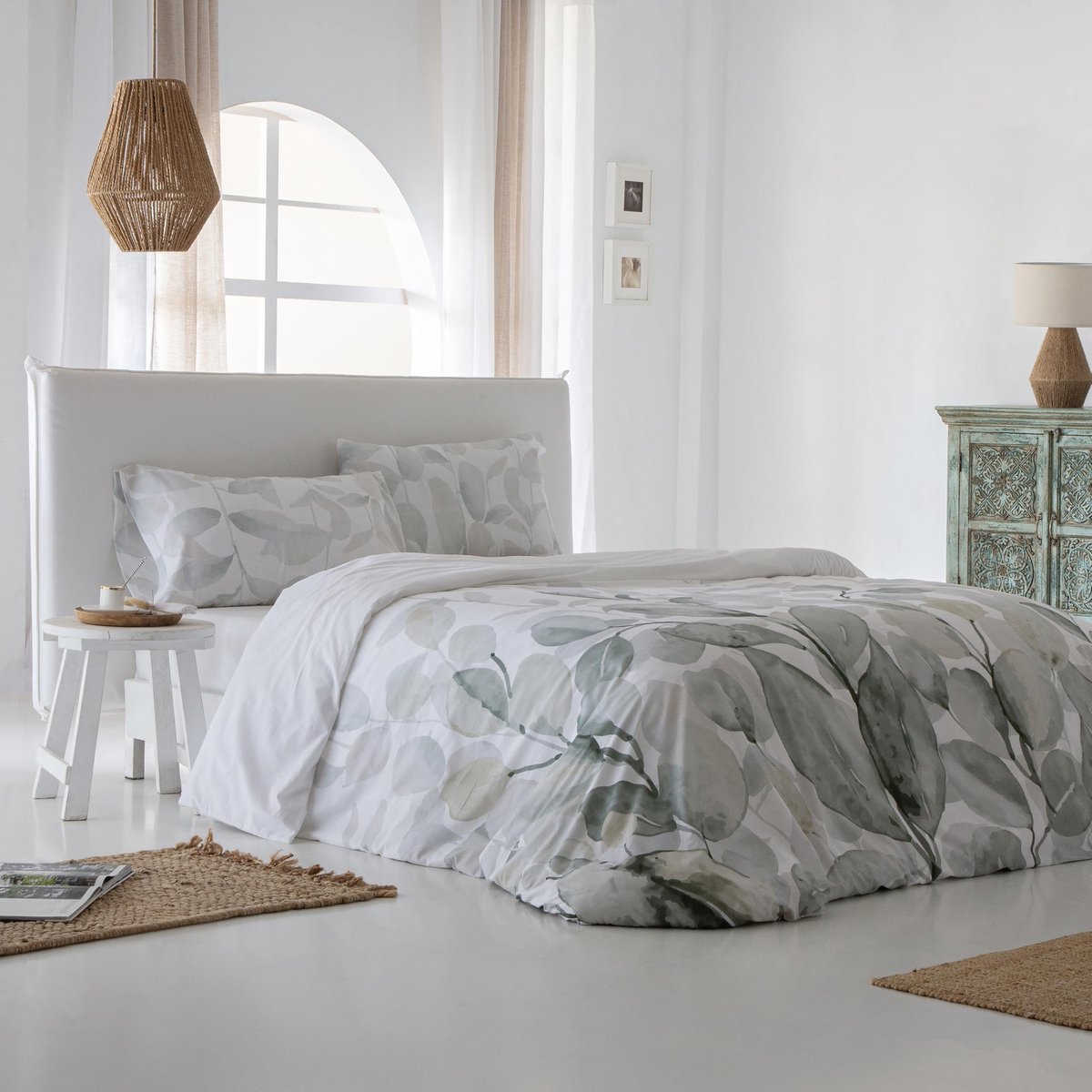 Dekbedovertrek van 100% katoen, draaddichtheid 144, wit en groen, bed van 150 cm, bevat dekbedovertrek 240 x 220 cm + - ShopVlot
