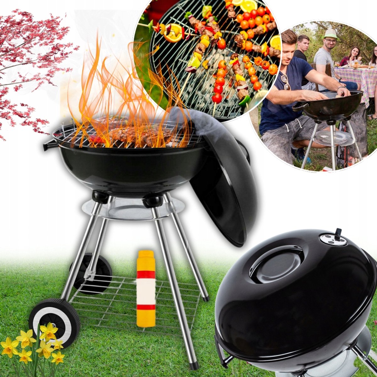 Merkloos Ronde Houtskool BBQ Grill met Deksel en Wielen