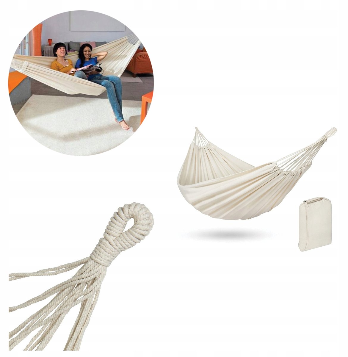 Dubbele Tuin Hangmat 200x150cm - Grijs, Crème, Geel - 200kg
