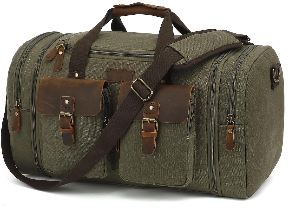 Imyth Echt lederen plunjezak met grote inhoud van 60 liter - klassieke retro uitbreidbare canvas weekend- en - ShopVlot