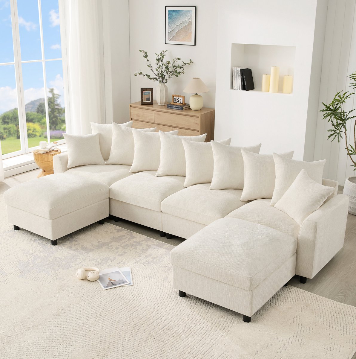 DESMIU Hoekbank U Bank 6 Zits - Modulaire Opstelling Met USB En Type C Oplaadpoort En 2 Hockers - Voor Woonkamer - Chenille Beige