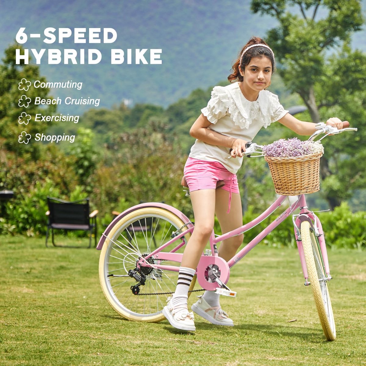 Glerc Missy Cruiserfiets voor Meisjes 24 Inch Kinderfiets 6 Versnellingen Cruiser Dames Hybride voor Jongeren van 8 9 - ShopVlot