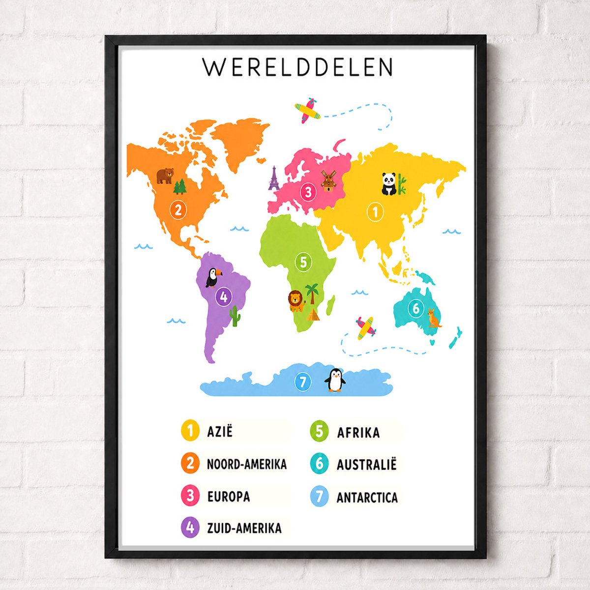 Werelddelen Educatieve Poster voor Kinderen - Leren - groep 4 t/m 8 (7-12 jaar) - A2+ 43,2 x 61 cm