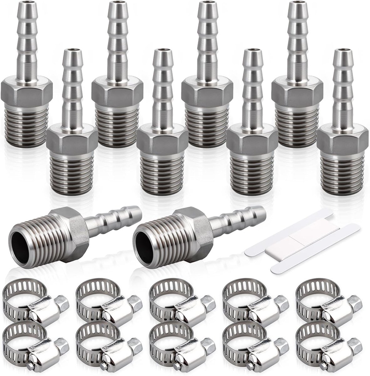 Bwintech 10pcs Stainless Steel Hose Barb Fittings, 1/4-inch BSP Male x 6MM Barb Connector with 10pcs Clamps, Hose Barb - ShopVlot