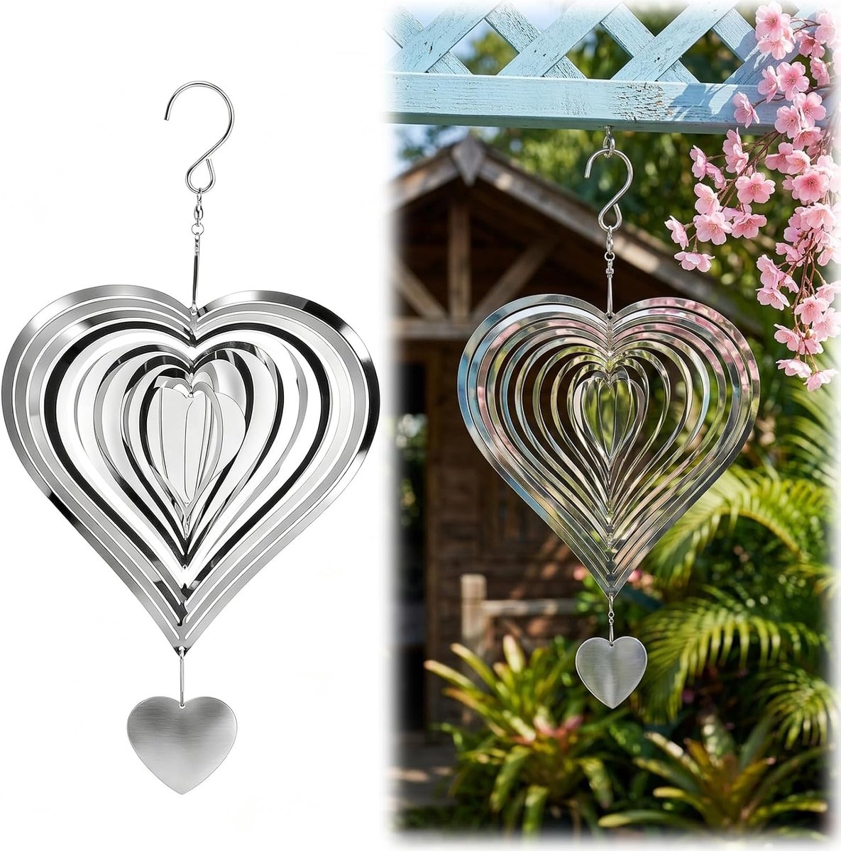 Windgong metaal hart van roestvrij staal - 3D windspinner met hartspiraal, kinetische windmobiel en windvanger - ShopVlot