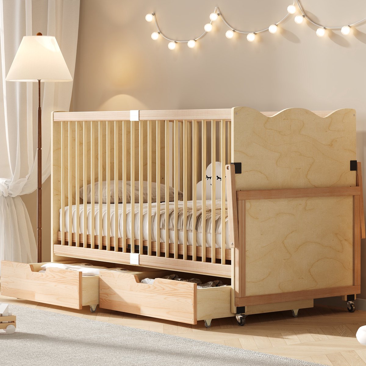OKWISH Babybed 70 x 140 cm Meegroeibed Met 4 Standen Hoogteverstelling Met Lades En Wieltjes Voor Kinderen Hout Naturel Zonder Matras Natural