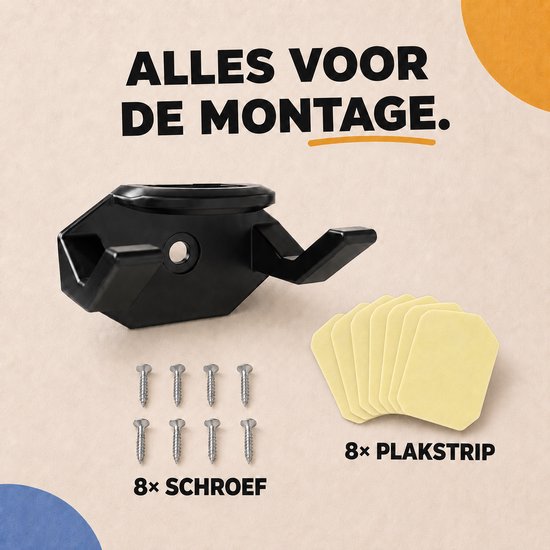 Zwart caprack met acht schroeven en acht plakstrips. Tekst: Alles voor de montage.