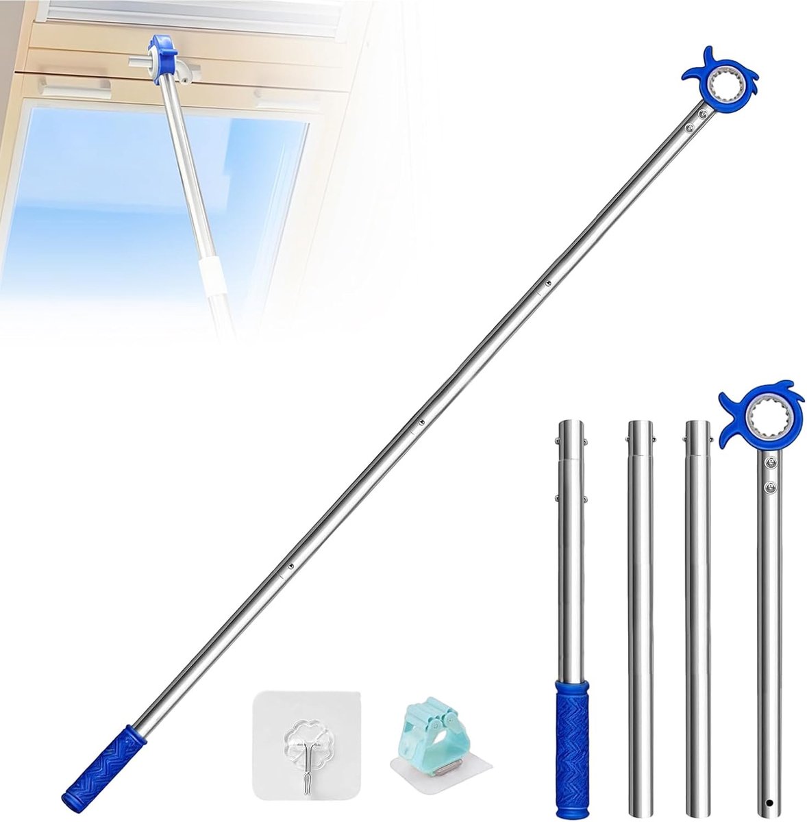 Window Handle Extension 152 cm Roof Window Rod for Opening, Stainless Steel, Window Opener, Extension with Stick Hook - ShopVlot
