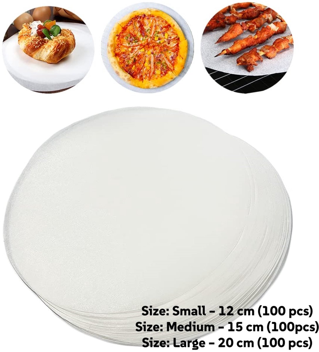Namajunas - Rond bakpapier - 300 stuks mix maat: Small 12 cm (100 pcs), Medium 15 cm (100 pcs), Large 20 cm (100 pcs) - Voedselveilig - Bakpapier - Geschikt voor: braden, koekjes, yoghurt druppels, eierkoek, cake en brood