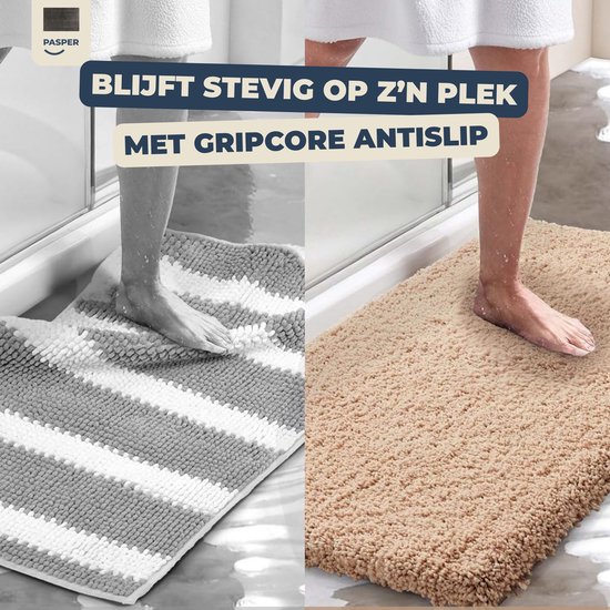 Badmat met grijze strepen en beige badmat. Blijft stevig op zijn plek met Gripcore antislip.