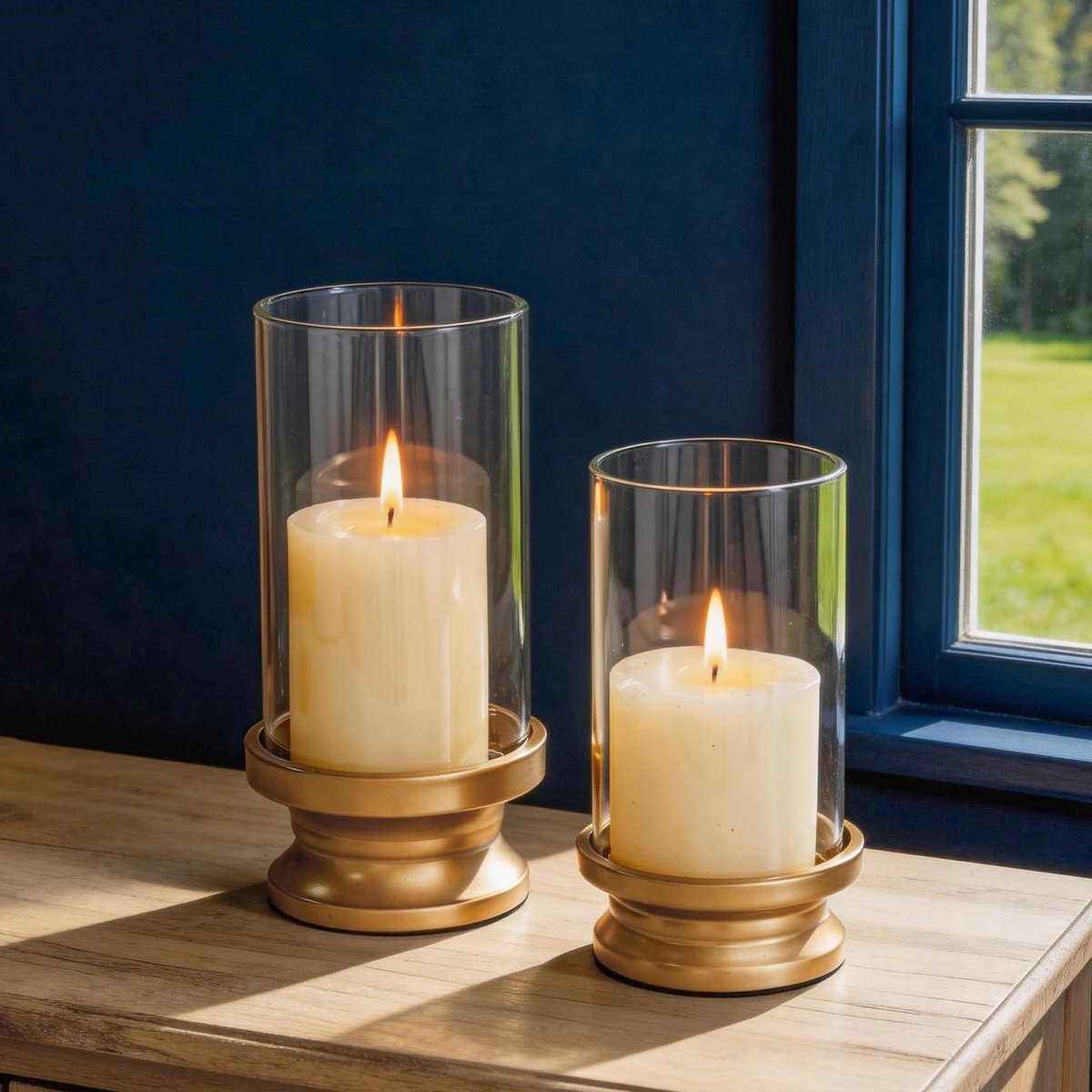 Famanu – Set van 2 gouden kaarshouders voor pilaar- en stompkaarsen met heldere glazen huls, decoratieve standaards