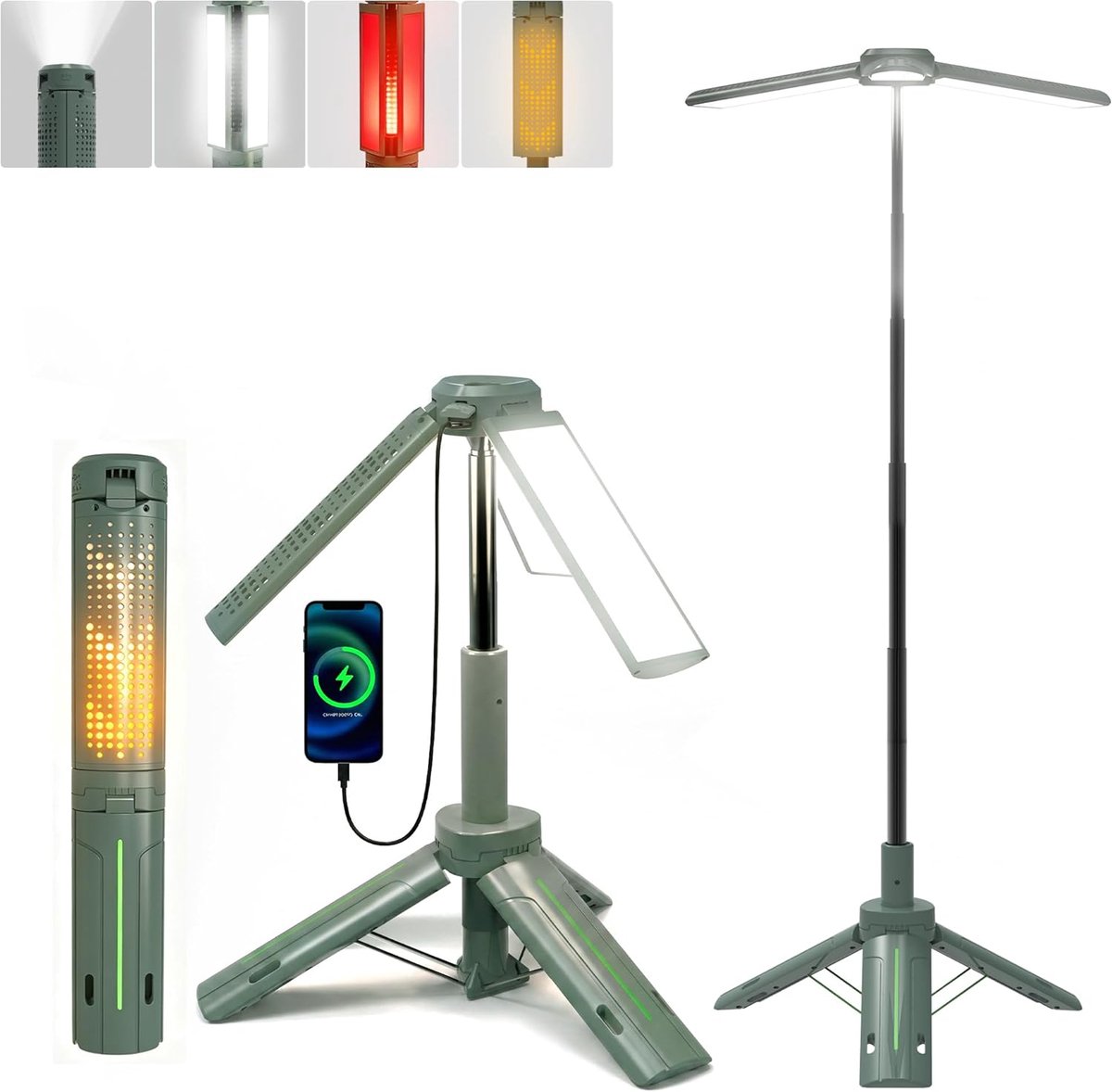 Ollny Telescopische campinglamp, oplaadbaar met statief, 3 lichtkleuren en - ShopVlot