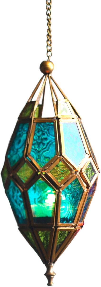 Famanu – Marokkaanse stijl opknoping glas theelicht lantaarn, medium groen/blauw