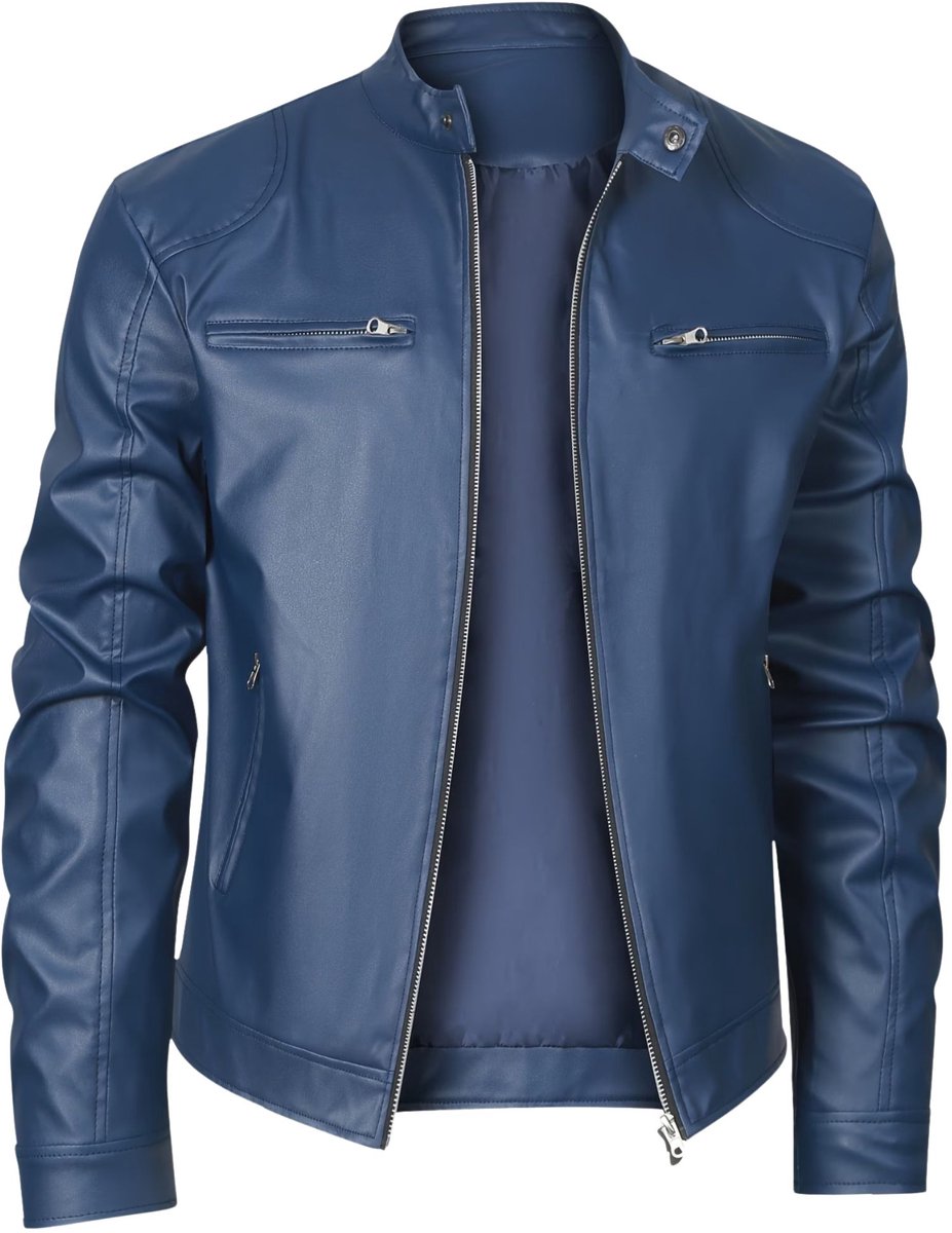 Currero Kunst Leren Jas Leather Jacket Lederen Jas Bomberjack Pilotenjack Blazer Biker Motorjas Motormuis Heren Levendig Blauw