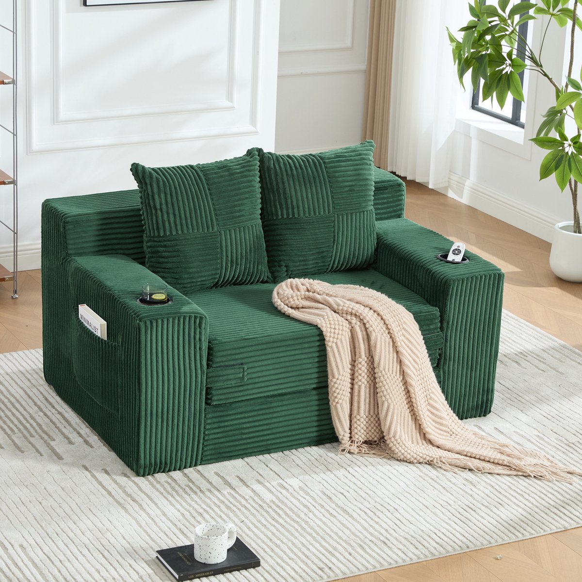 OKWISH Slaapbank - 2-Zits Slaapbank met Opbergruimte - Met 2 Kussens & Bekerhouder - Voor Woonkamer, Leeshoek en Logeerkamer - Corduroy - Emerald