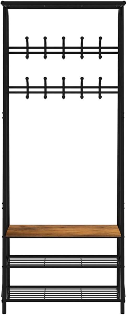 Vrijstaande kapstokbank voor hal, Kapstok voor de hal,industriële kapstok met schoenenrek en haken, metaal frame ,60 cm breed,Zwart