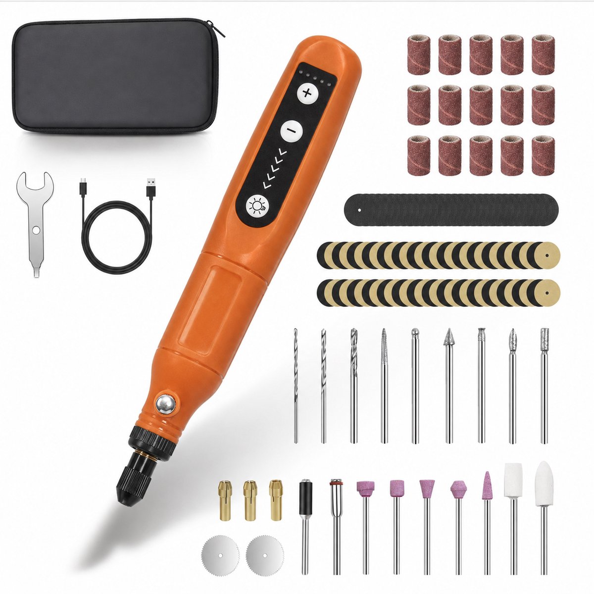 Multifunctioneel Gereedschap – Draadloos Draaigereedschap en Rotatiegereedschap met 5 Snelheden 3000–15000 RPM – Rotatiegereedschapsset met 70 Accessoires – Mini Schuurmachine en Graveerpen – Gereedschapsset met USB-C en LED – Oranje