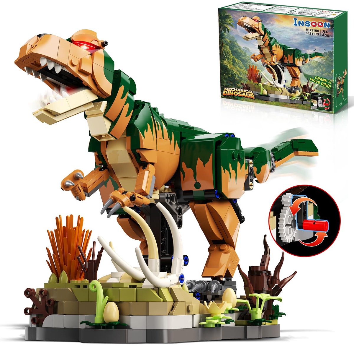 INSOON Mechanische Dinosaurus Bouwsets – 842 Delen Handzwengel met Bewegende Poten & Staart STEM Educatief Constructie Speelgoed voor Jongens 8–12+ Jaar