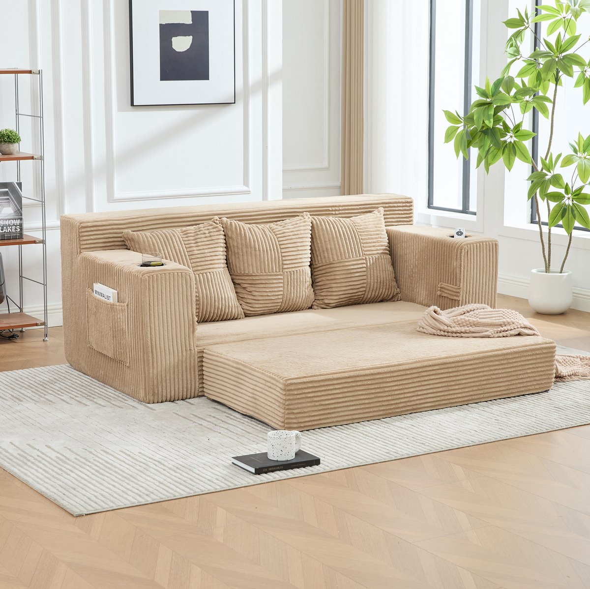OKWISH Bank – 3-Zits Modulair Slaapbank – Met Bekerhouder, Zijvakken En Zachte Kussens – Voor Woonkamer En Studio – Stof – Khaki