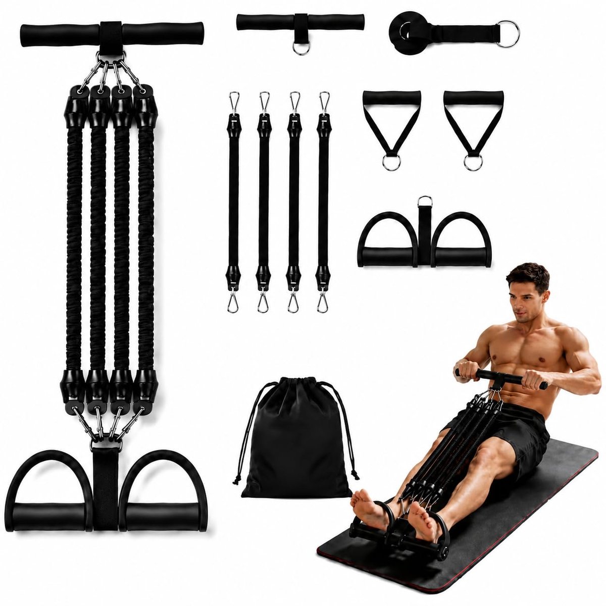 Weerstandsbanden Set - Buikspiertrainers Elastisch met Handvatten en Voetsteun - Weerstandsbanden Fitness voor Thuis Training - Zwart