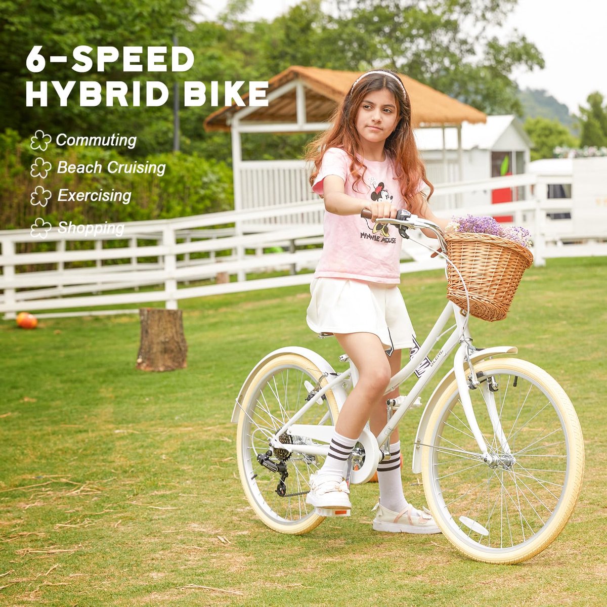 Cruiserfiets voor meisjes 24 inch - wit - hybride met rieten mandje - ideaal voor jongeren van 8-15 jaar - ShopVlot
