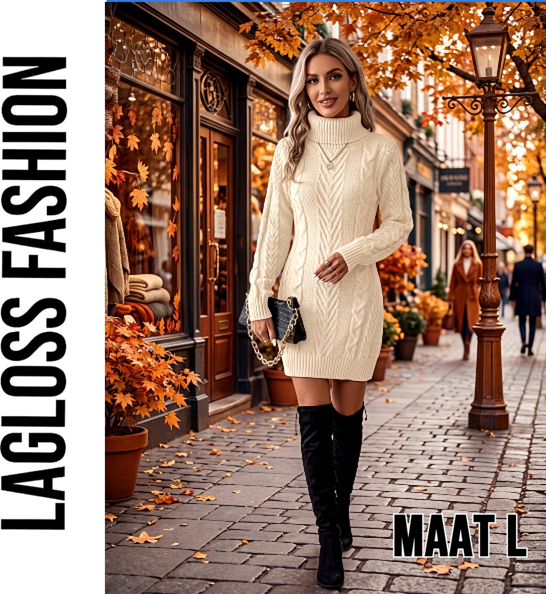 LaGloss® Dames Trui-Jurk Beige – Kabelgebreide Winterjurk met Hoge Hals en Lange Mouwen - Maat L