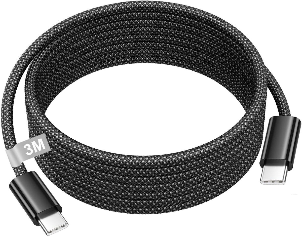 USB-C-naar-USB-C-kabel van 3 m, 60 W, met nylon omvlechting, snellader voor iPhone 17/17e/16/15, zwart - ShopVlot