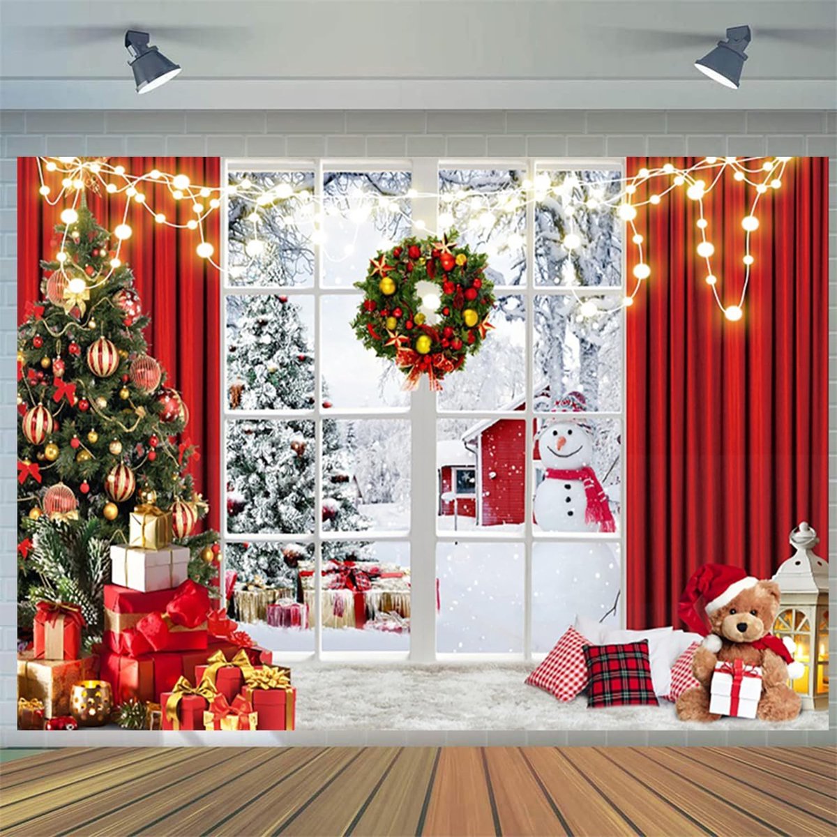 10x8FT Christmas Background Christmas Window Winter Snow Scene Christmas Tree Photography Background Family Children - ShopVlot