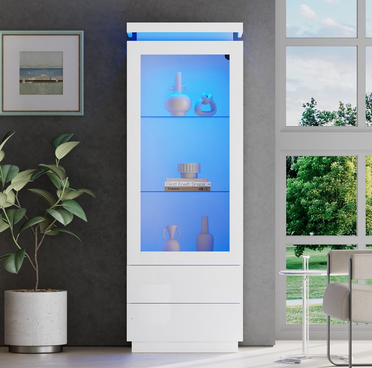 REDOM - Vitrinekast - Hoogkast met 2 lades en 1 deur - LED-verlichting - Modern design - Woonkamer - Spaanplaat, gehard glas en acryl - Wit - 60 x 40 x 171 cm