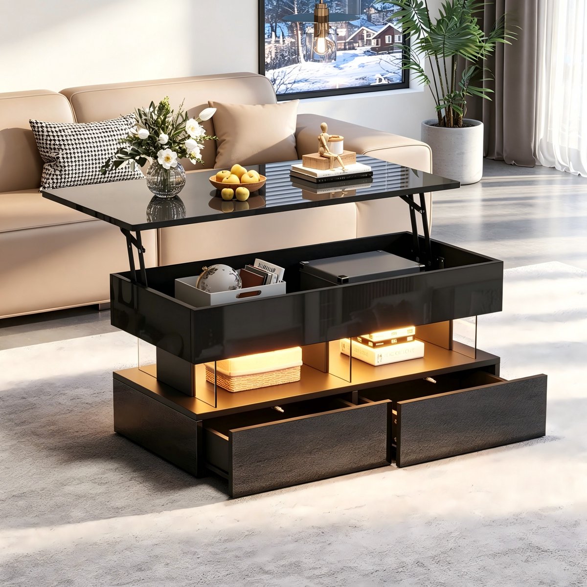 MODENUIT Salontafel - Hoogteverstelbaar Met LED En 2 Lades - Woonkamer - MDF - Zwart - 100x50x46 Cm