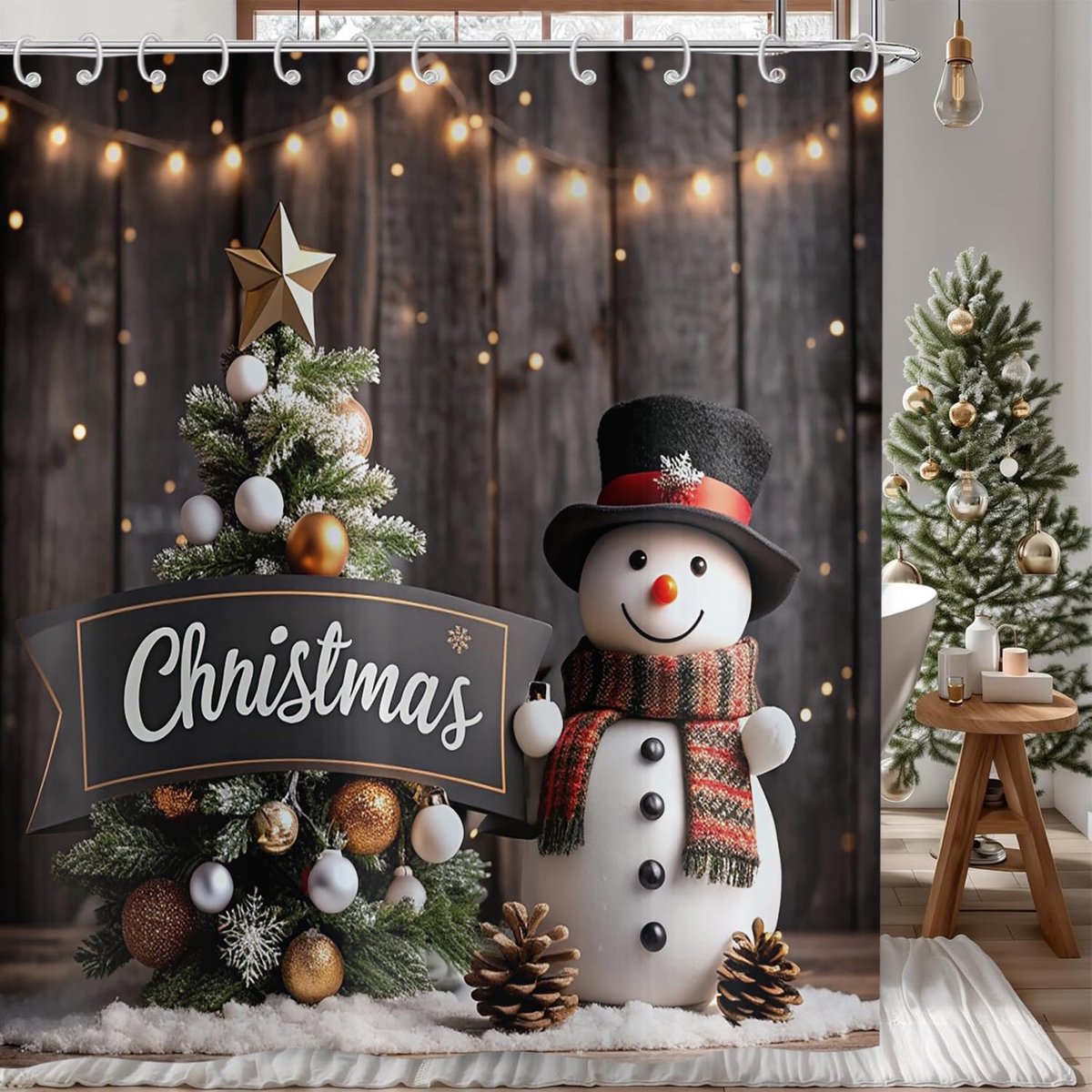 Christmas Shower Curtain 180 x 200,Winter Snowman Christmas Tree Rustic Wooden Board Shower Curtains Merry Christmas - ShopVlot