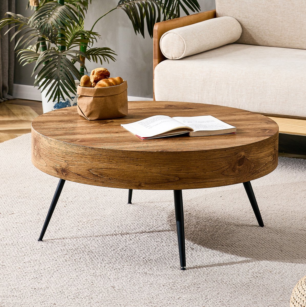MODENUIT Salontafel - Ronde Houtlook Met Zwarte Metalen Poten - Voor Woonkamer En Kleine Ruimtes - MDF - 70 Cm - Bruin