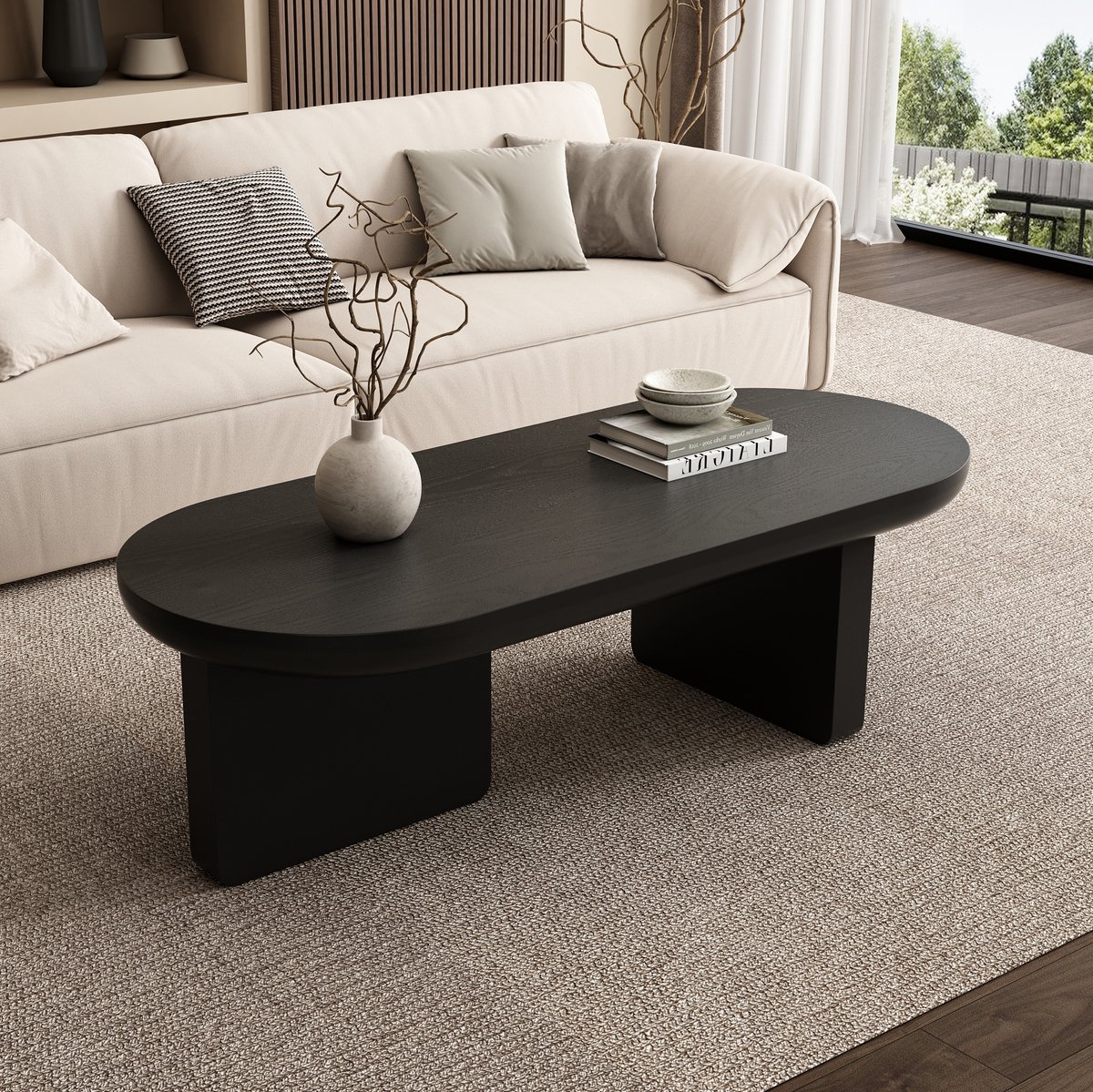 MODENUIT Salontafel - Ovaal Design Met Spuitlak - Voor Woonkamer - MDF - Zwart - 119,7x49,8x35,5 Cm