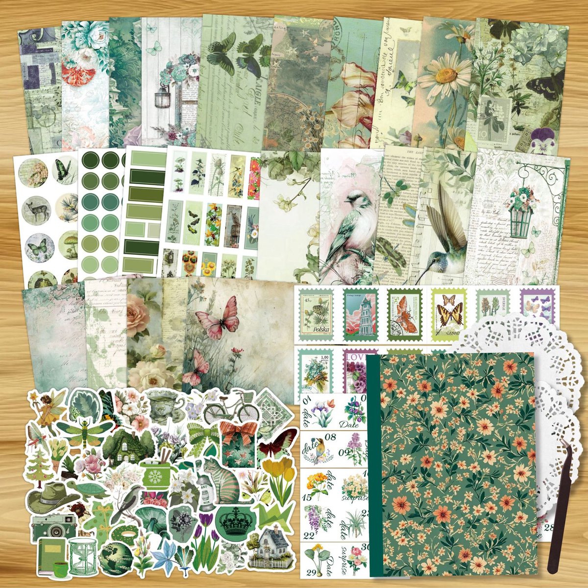 casalora® Vintage Scrapbookset - Vintage Knutselpakket - Set met Papier en Stickers - Scrapbookpapier met Groen Dieren- en Plantenthema - Stationery Set - DIY Kunst- en Collageprojecten - Cadeau voor Knutsel- en Creatieve Liefhebbers - Groen