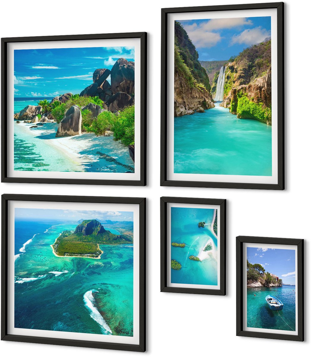 Coloray 5-Delige Schilderij Set - Tropische Landschappen Met Watervallen En Paradijselijke Stranden - 50 x 50 cm, 20 x 30 cm En 40 x 60 cm - Wanddecoratie - Schilderijen Set - Interieur - Stijlvolle Muurdecoratie Zwarte lijst