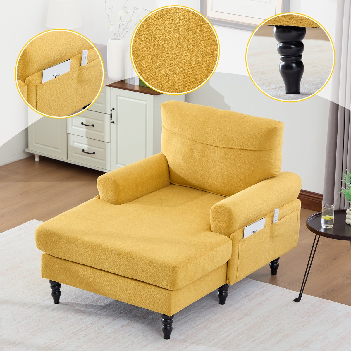 Chenille fauteuil met zijvakken - Voor woonkamer en slaapkamer - 1 persoon - Mosterdgeel - Extra brede zitting en massief houten poten - Afritsbare wasbare kussenhoezen - Ergonomische ondersteuning