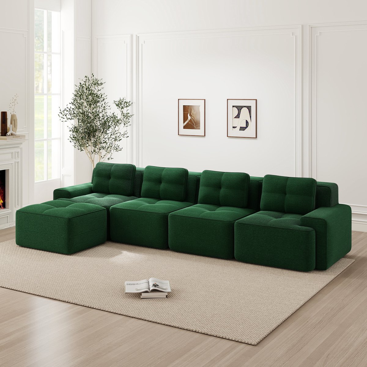 Modulaire L-vormige cloud bank met chaise longue - Voor woonkamer, slaapkamer en lounge - 4-zits - Groen corduroy - Boneless comfort, diepe zit 74 cm - Montagevrij, antislip en huisdiervriendelijk