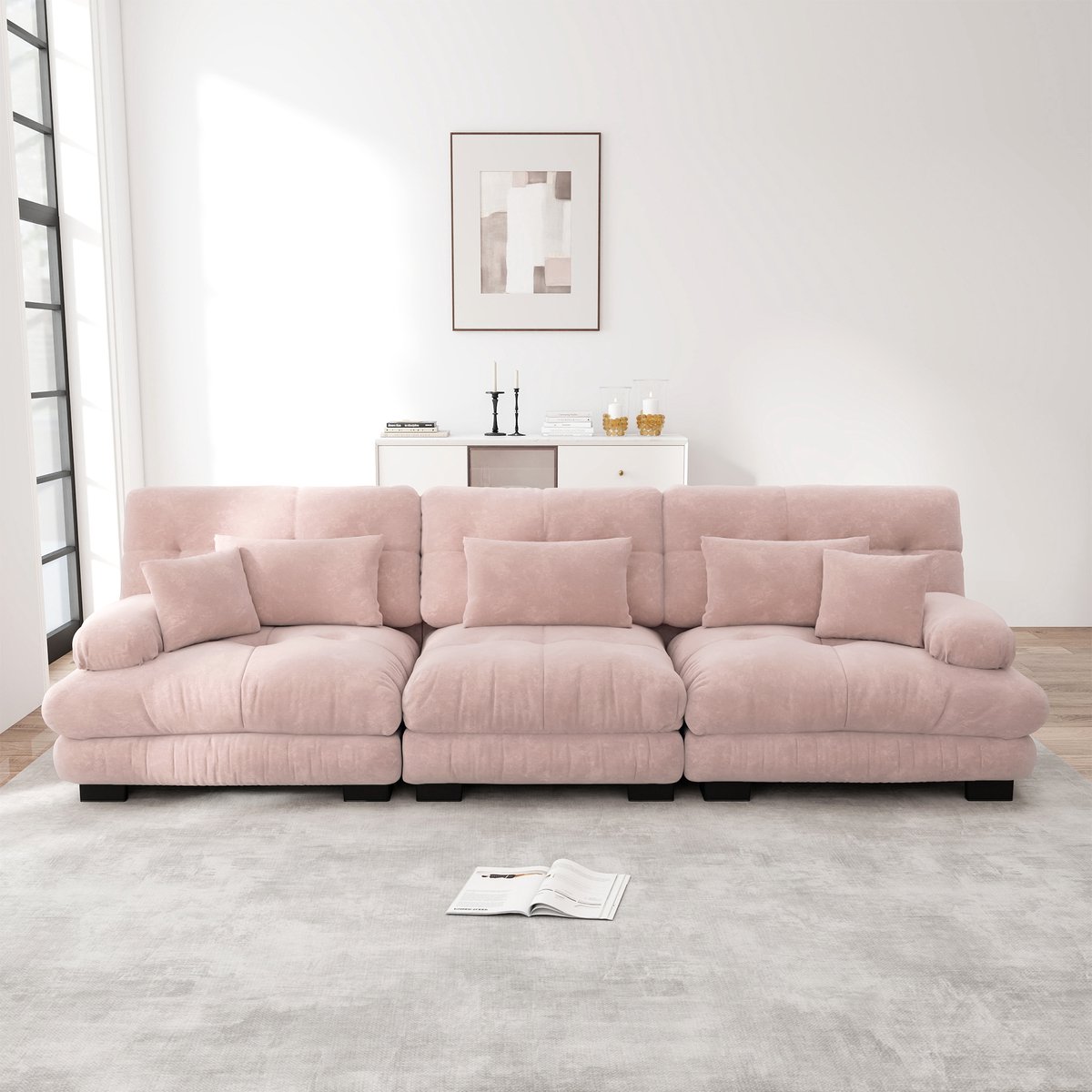 Modulaire 3-zits hoekbank met diepe zit - Geschikt voor woonkamer, appartement, studio en kantoor - Roze chenille stof - Cloud zitcomfort zonder veren - Ronde armleuningen als hoofdkussen - Inclusief sier- en lendenkussens