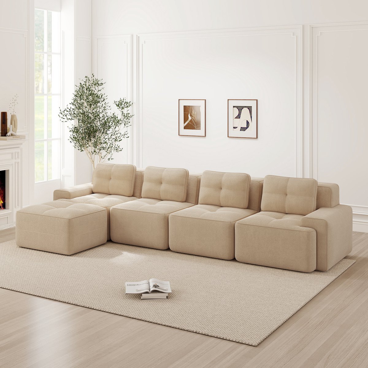 Frameloze modulaire L-vormige bank met chaise longue - 4-zits voor woonkamer en lounge - Beige corduroy - Wolkachtig boneless comfort met diepe zit - Montagevrij en antislip - Huisdiervriendelijk en ademend
