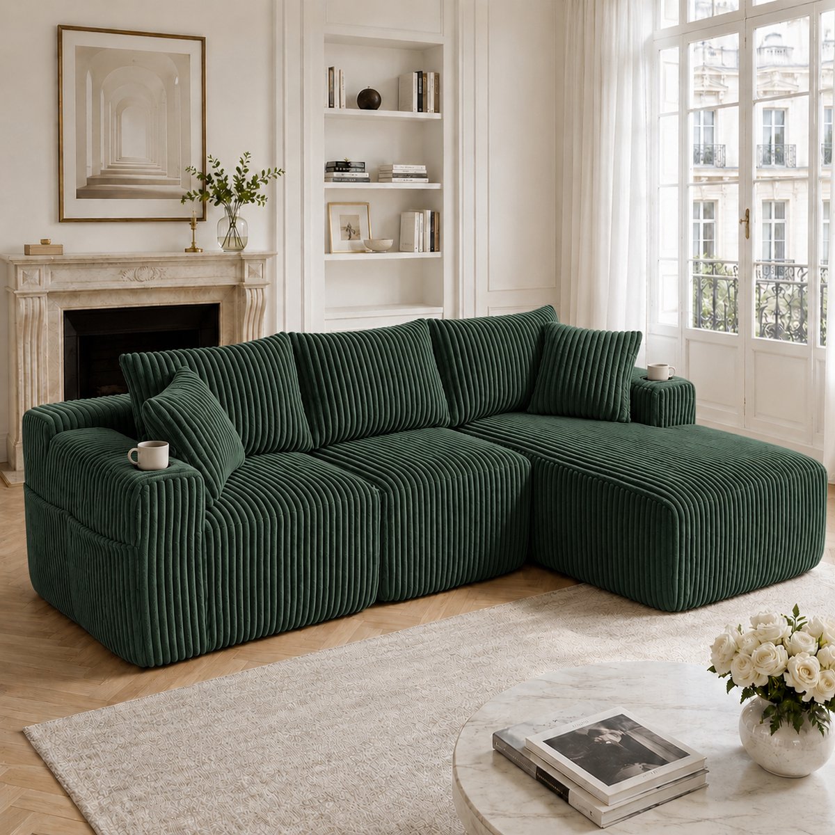 Modulaire corduroy bank met chaise longue en 2-zitsbank - vrij te combineren voor woonkamer en studio - 3-4 personen - diverse kleuren - 5 kussens, drankhouders en opbergvakken - geen montage nodig