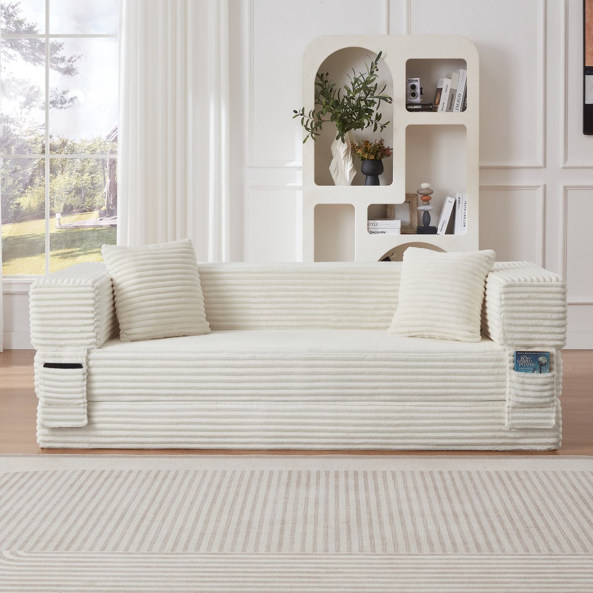 Zubaliya 3-Zits Slaapbank - Witte Corduroy Sofa die Verandert in Bed - Moderne Loungebank met Schuimvulling voor Woonkamer en Appartement