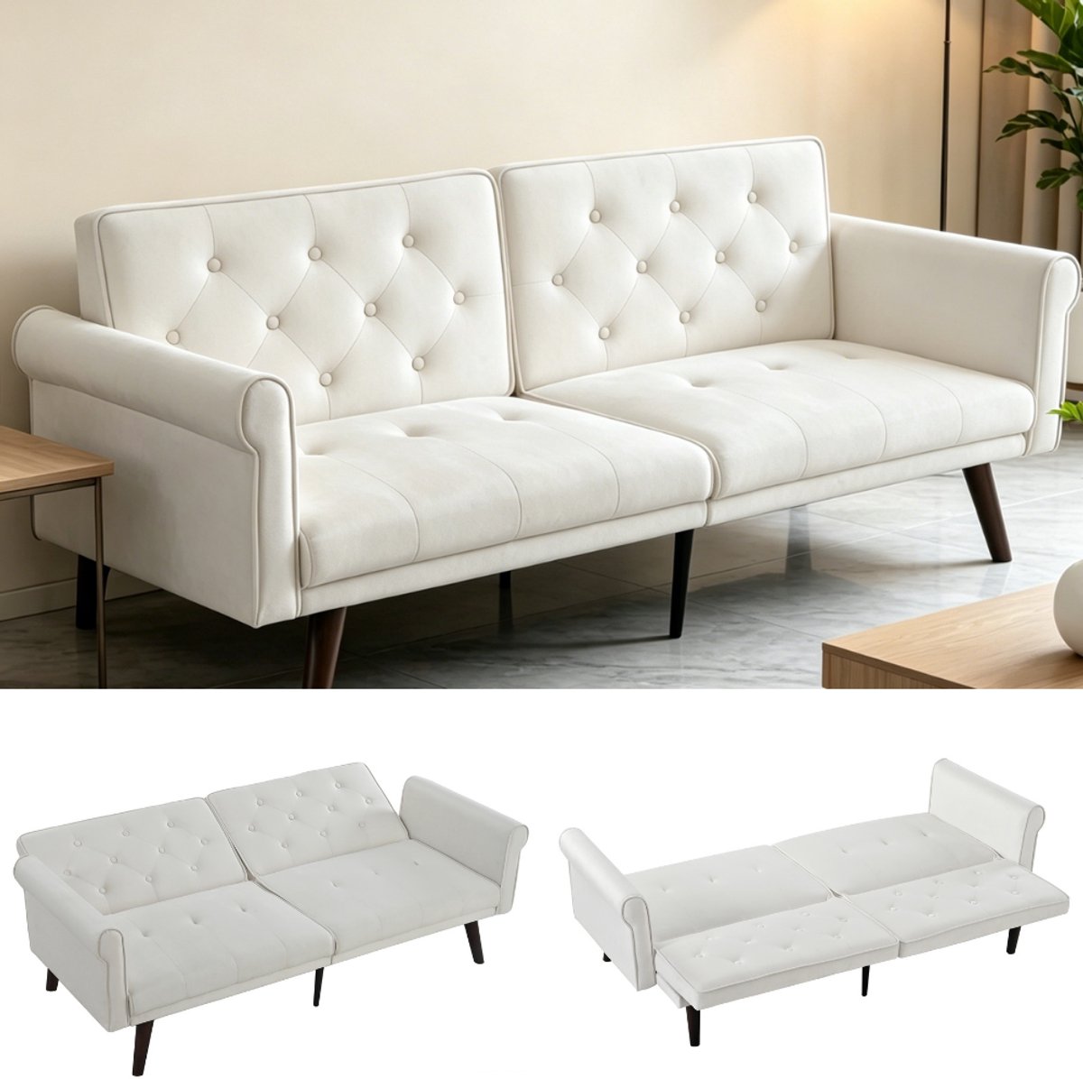 2-in-1 slaapbank - Verstelbare rugleuning voor woonkamer en slaapkamer - 2-zits - Beige - 5 posities tot 180° vlak - Zachte velvet bekleding - Stabiele 6-punts constructie, 180 kg