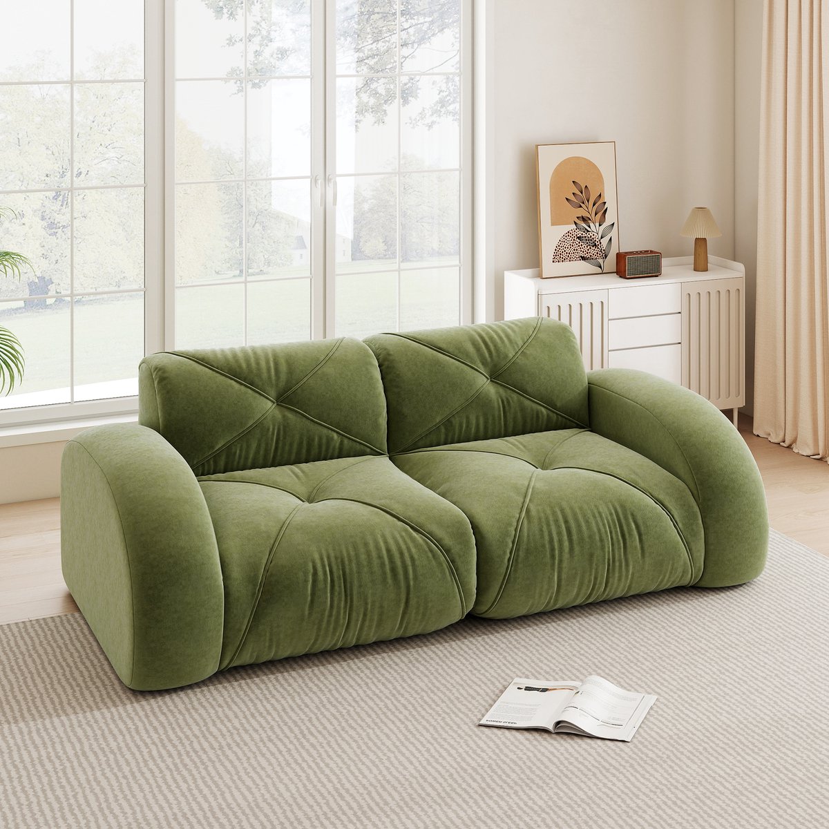 Frameloze modulaire 2-zits bank - Voor woonkamer - 2 personen - Groen chenille - 32D hogedichtheidschuim - Montagevrij en antislip - Huisdiervriendelijk