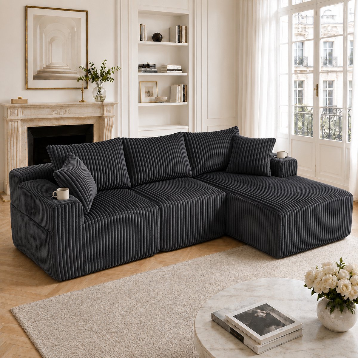 Modulaire corduroy bank met chaise longue - vrij te combineren voor woonkamer, appartement en studio - 3-4 personen - diverse kleuren - 5 kussens, drankhouders en opbergvakken - geen montage nodig