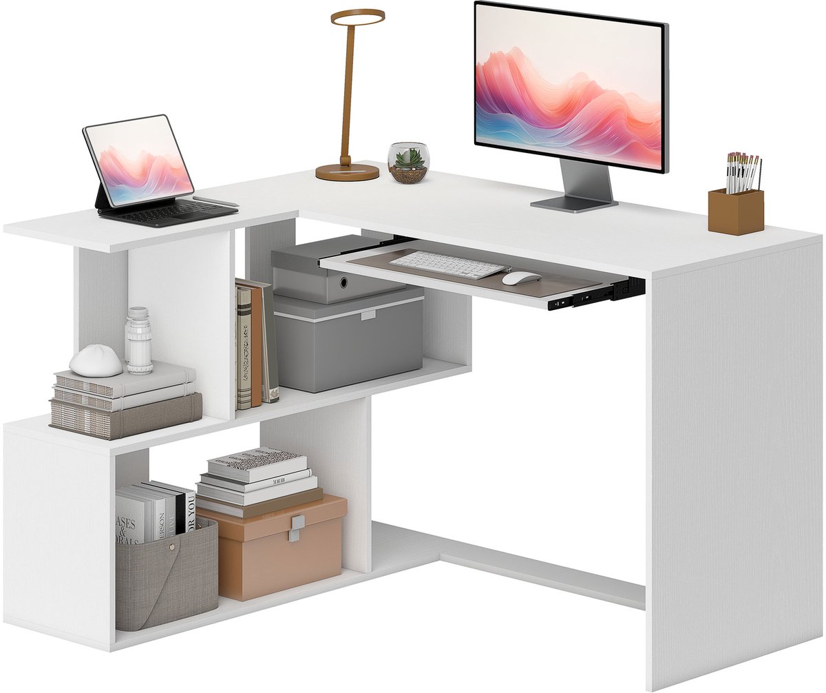 L-Vormig Game Bureau - 120 x 100 x 76cm - Bureau met Legplanken - Computer Tafel - Gaming Tafel - Wit